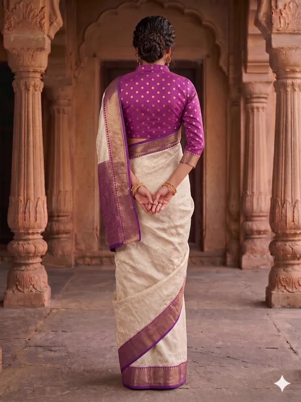 Off_White_Kanjivaram_Silk_Saree_With_Purple_Zari_Border_For_Women