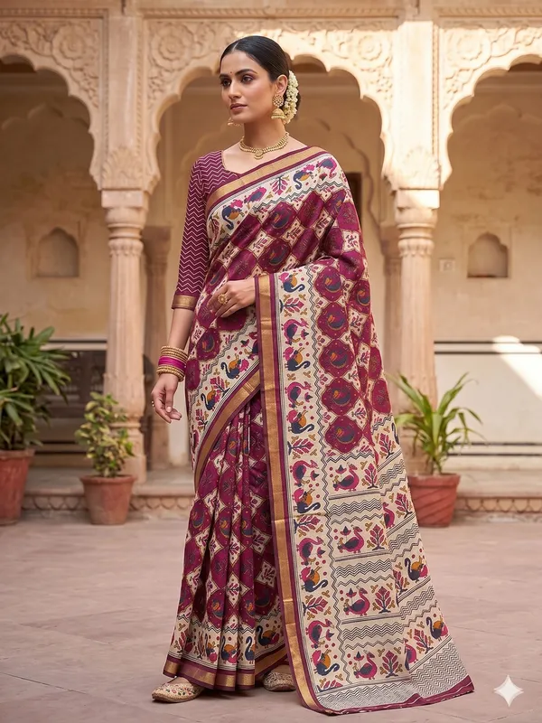 Maroon_Cotton_Zigzag_Woven_Saree_With_Golden_Border_For_Women