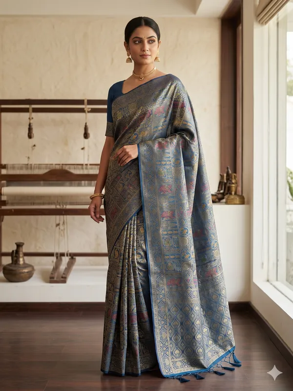 Grey_Silk_Banarasi_Blue_Border_Zari_Woven_Saree_For_Women