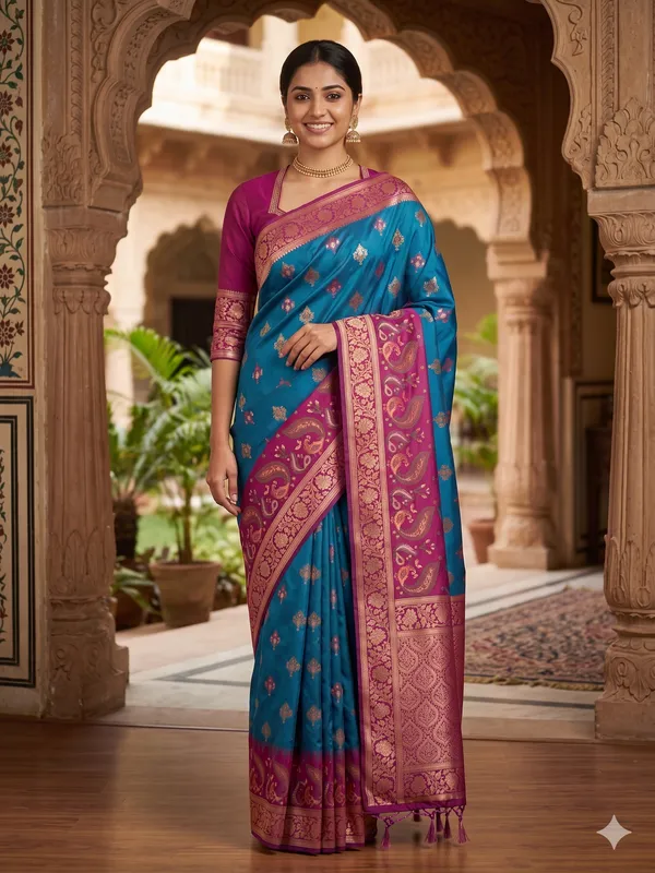 Blue_And_Magenta_Silk_Banarasi_Zari_Border_Saree_For_Women