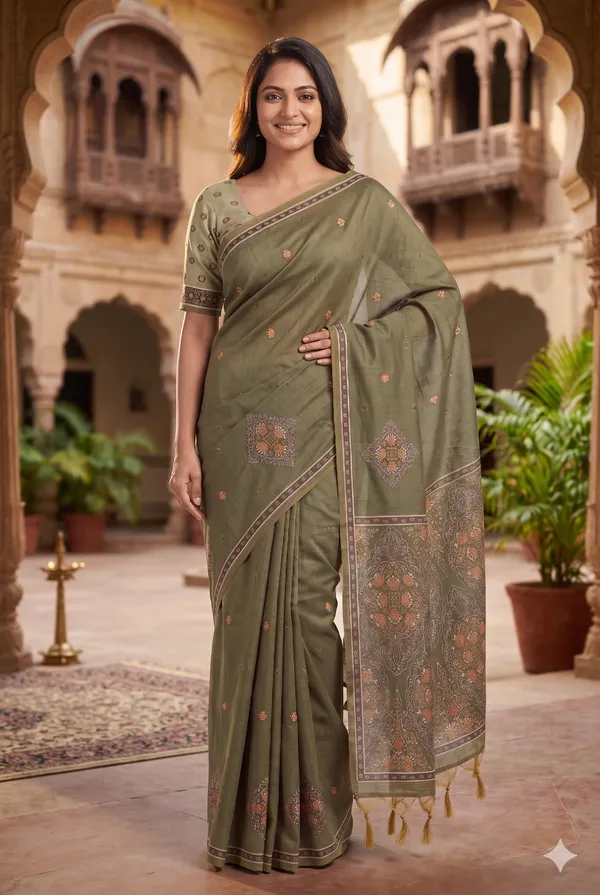 Olive_Green_Cotton_Zari_Embroidered_Saree_For_Women