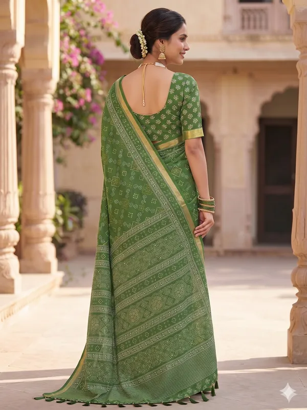 Green_Cotton_Bandhani_Tie-Dye_Golden_Border_Saree_For_Women