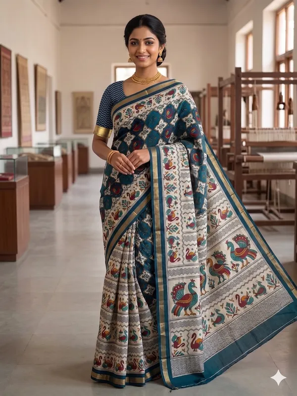 Teal_Green_Cotton_Kalamkari_Handblock_Printed_Saree_For_Women