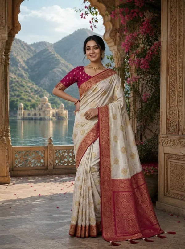 White_And_Maroon_Silk_Banarasi_Zari_Buti_Saree_For_Women