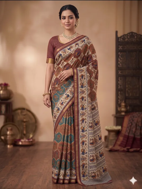 Beige_And_Maroon_Cotton_Kalamkari_Print_Saree_With_Contrast_Border_For_Women