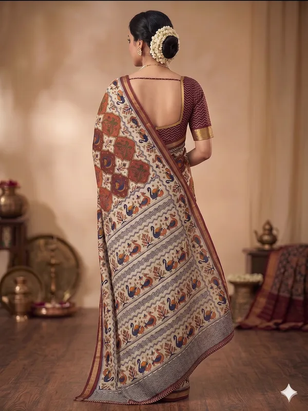 Beige_And_Maroon_Cotton_Kalamkari_Print_Saree_With_Contrast_Border_For_Women