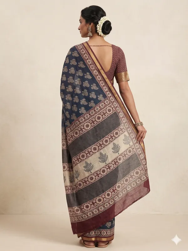 Maroon_And_Beige_Cotton_Chanderi_Silk_Chevron_Saree_Golden_Border_For_Women