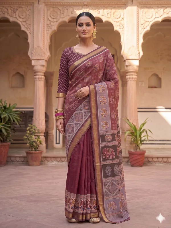 Maroon_And_Pink_Cotton_Chanderi_Silk_Saree_With_Elephant_Motifs_For_Women