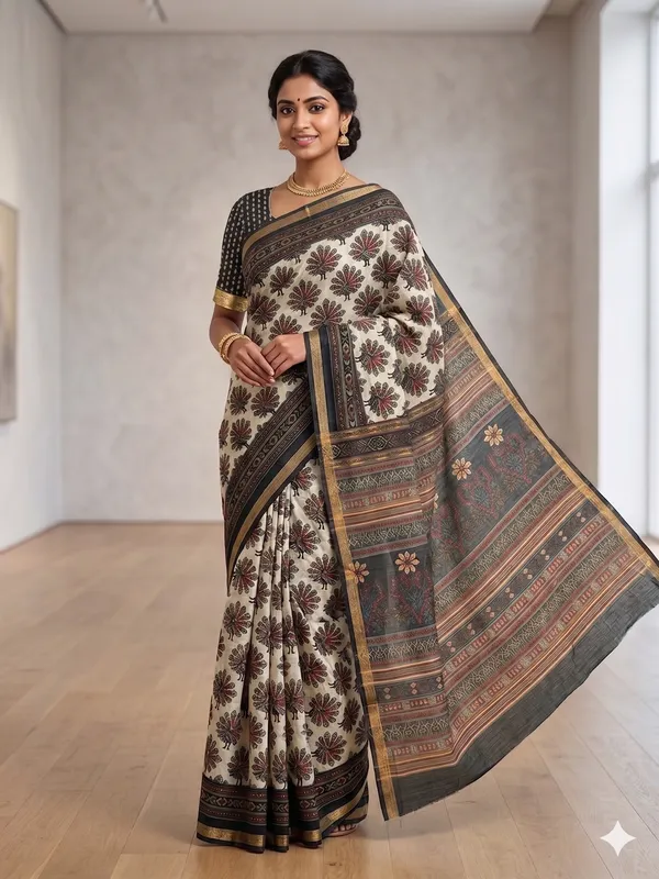 Black_Cotton_Sambalpuri_Ikat_Floral_Border_Saree_For_Women