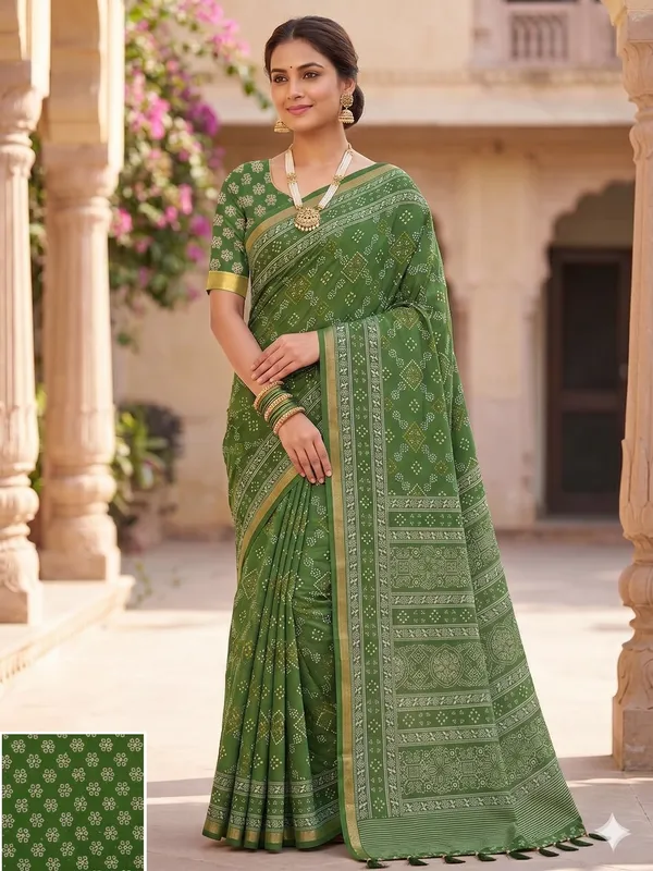 Green_Cotton_Bandhani_Tie-Dye_Golden_Border_Saree_For_Women
