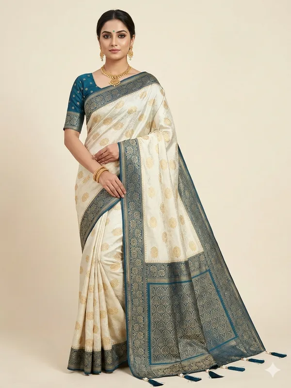 Off_White_Silk_Banarasi_Blue_Border_Golden_Motif_Saree_For_Women