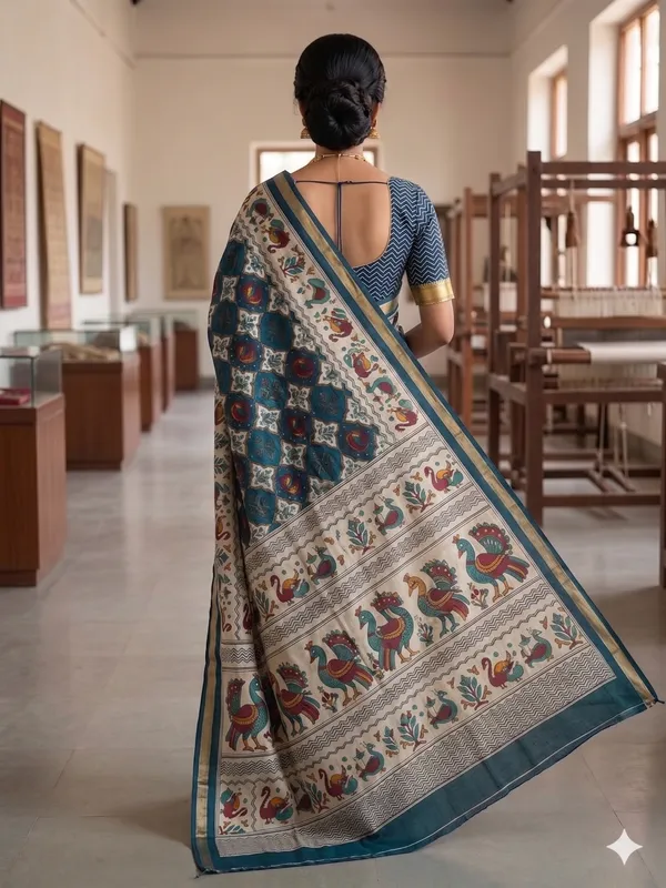 Teal_Green_Cotton_Kalamkari_Handblock_Printed_Saree_For_Women
