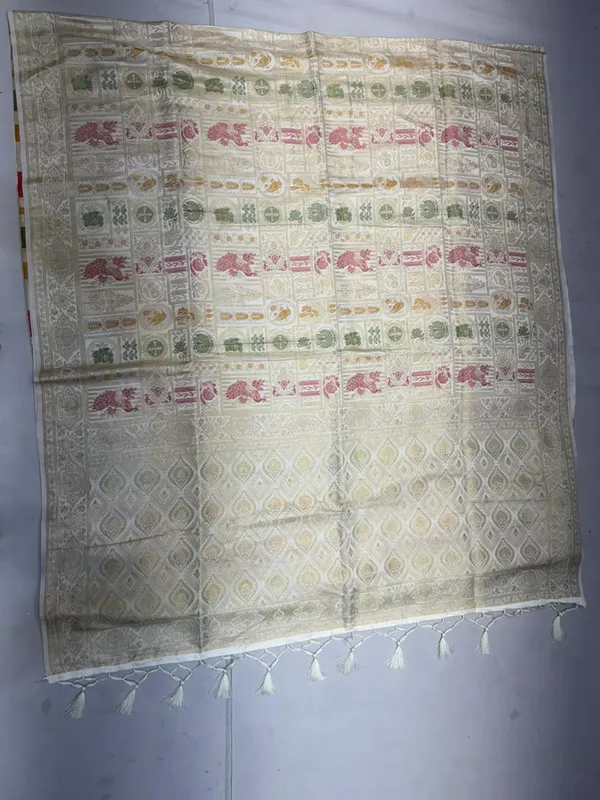 Off_White_Banarasi_Silk_Saree_With_Golden_Zari_Border_For_Women