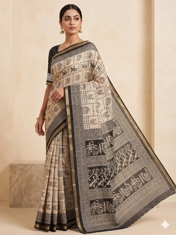 Black_And_Beige_Cotton_Printed_Saree_For_Women