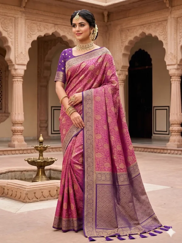 Purple_Banarasi_Silk_Saree_With_Golden_Buti_Pink_Pallu_For_Women