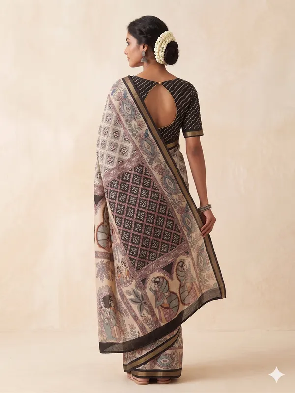 Beige_&_Brown_Printed_Chanderi_Silk_Saree_with_Black_Blouse