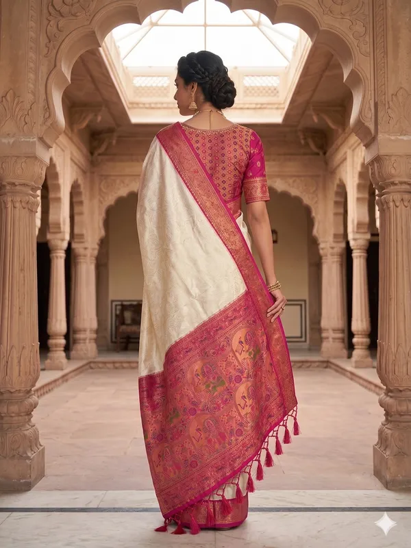 Off_White_Silk_Saree_With_Pink_Zari_Border_And_Pallu_For_Women