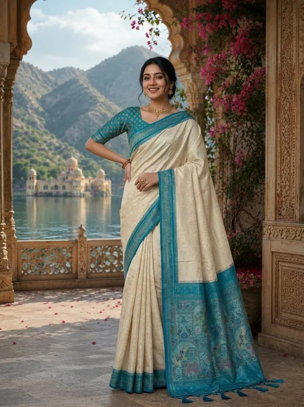 Off_White_And_Teal_Blue_Silk_Zari_Woven_Traditional_Saree_For_Women