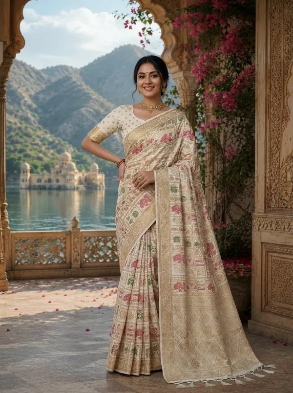 Off_White_Banarasi_Silk_Saree_With_Golden_Zari_Border_For_Women