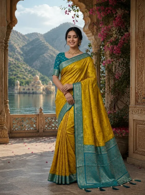 Yellow_Silk_Banarasi_Turquoise_Border_Zari_Saree_For_Women