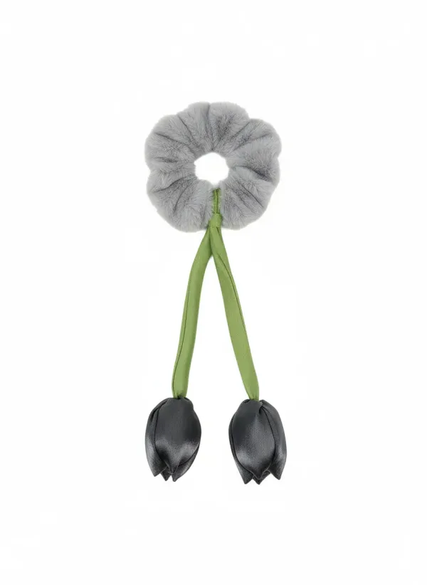 Pack_Of_4_Grey_And_Green_Fur_Tulip_Design__Scrunchies_For_Women