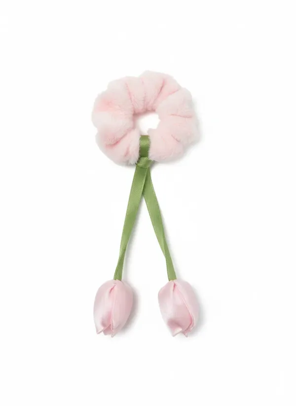 Pack_Of_4__Pink_And_Green_Fur_Tulip_Design__Scrunchies_For_Women
