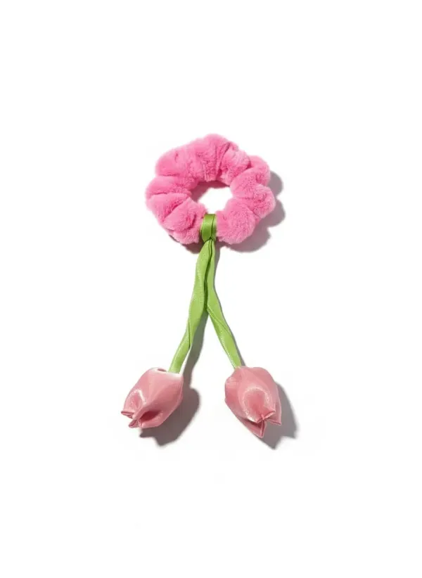 Pack_Of_4_Pink_And_Green_Fur_Tulip_Design__Scrunchies_For_Women