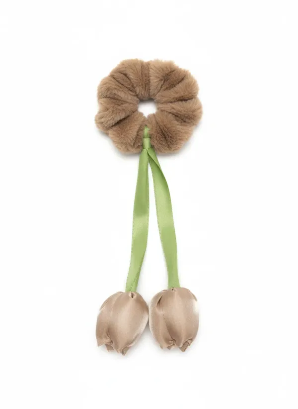 Pack_Of_4__Brown_And_Green_Fur_Tulip_Design__Scrunchies_For_Women