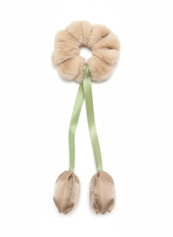 Beige_And_Green_Fur_Tulip_Design__Scrunchies_For_Women_(_Pack_Of_4_)