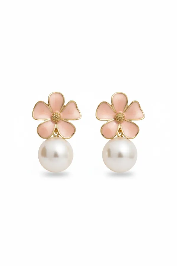 Pink_Flower_Pearl_Drop_Earrings_For_Women