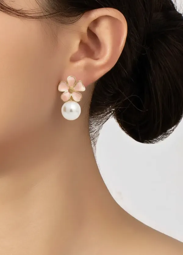 Pink_Flower_Pearl_Drop_Earrings_For_Women