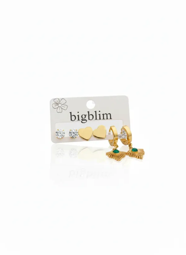 3_In_1_Gold_Plated_Earring_Set_Studs_Hearts_Green_Charm_Hoops