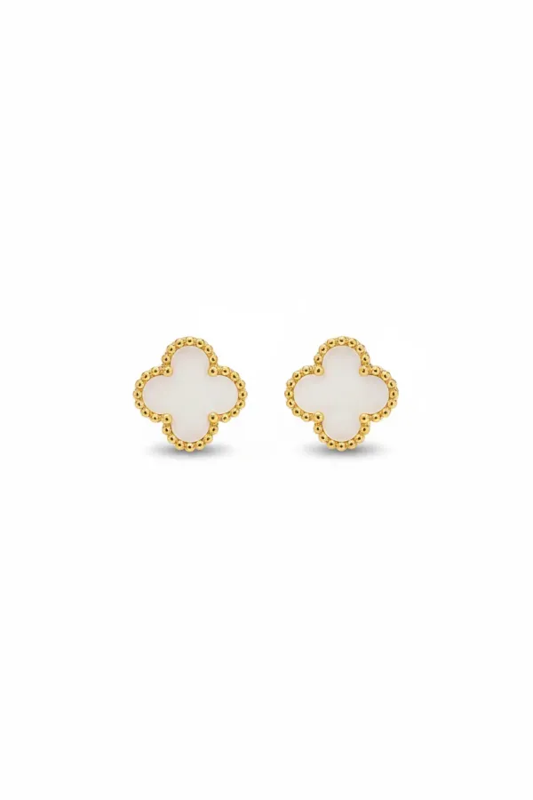 White_Clover_Stud_Earrings_In_Gold_Finish