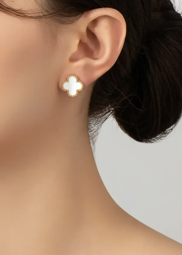 White_Clover_Stud_Earrings_In_Gold_Finish