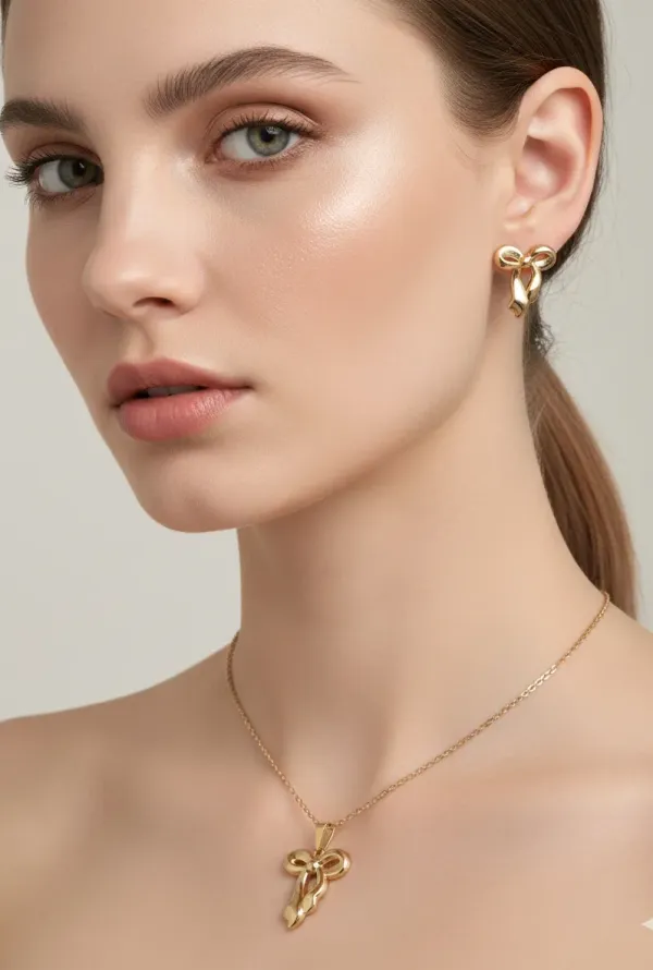 18K_Gold_Plated_Bowknot_Pendant_Earrings_Set