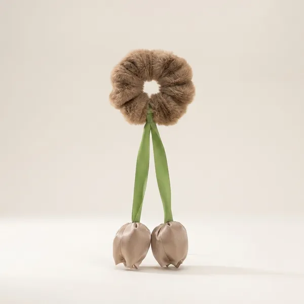 Pack_Of_4__Brown_And_Green_Fur_Tulip_Design__Scrunchies_For_Women