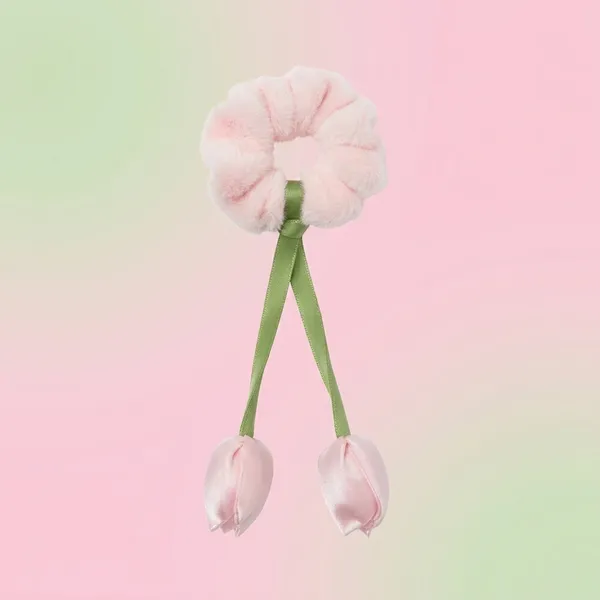 Pack_Of_4__Pink_And_Green_Fur_Tulip_Design__Scrunchies_For_Women