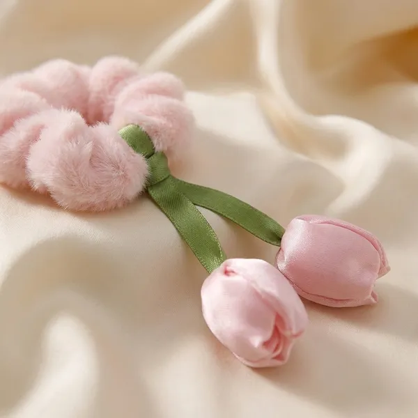 Pack_Of_4__Pink_And_Green_Fur_Tulip_Design__Scrunchies_For_Women