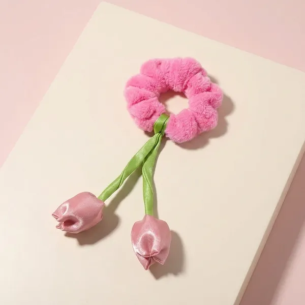 Pack_Of_4_Pink_And_Green_Fur_Tulip_Design__Scrunchies_For_Women