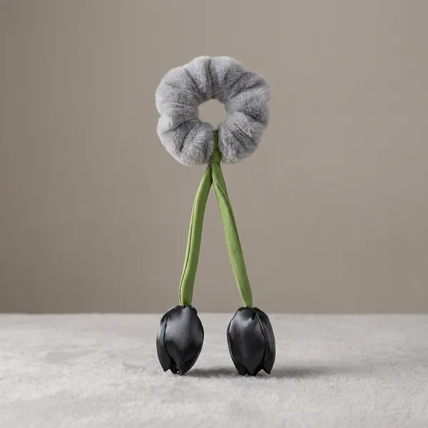 Pack_Of_4_Grey_And_Green_Fur_Tulip_Design__Scrunchies_For_Women