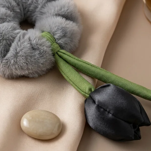 Pack_Of_4_Grey_And_Green_Fur_Tulip_Design__Scrunchies_For_Women