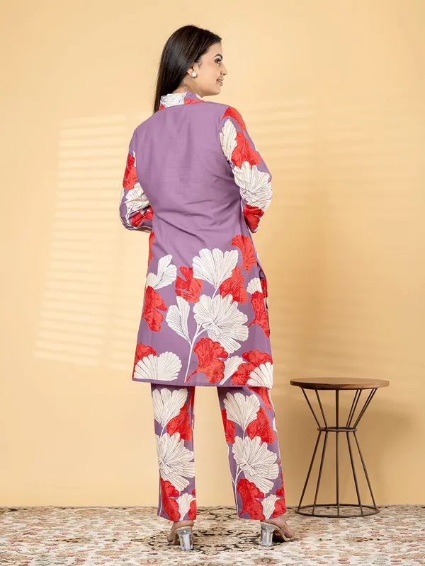 Purple_Floral_Print_Cotton_Co-Ord_Set_With_Stone_Work_-_Kurta_And_Pants