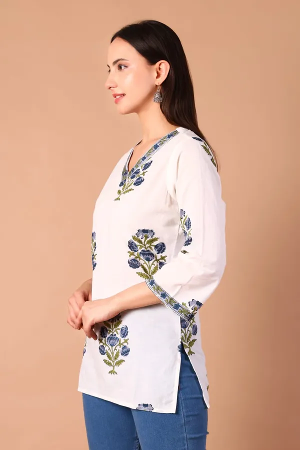 Cotton_Hand_Block_Printed_V_Neck_Tunic_With_3/4_Sleeves