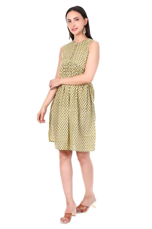 Cotton_Yellow_Booti_Print_Sleeveless_Fit_And_Flare_Dress_With_Wooden_Buttons