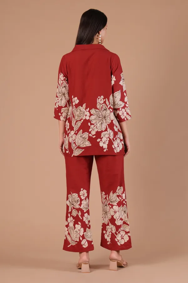 Rust_Floral_Print_Collared_Co-ord_Set_for_Women_with_Wooden_Buttons
