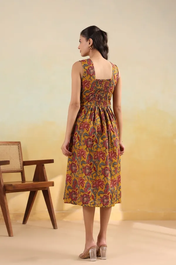 Mustard_Yellow_Floral_Print_Sleeveless_Cotton_Midi_Dress_With_Front_Slit_And_Smocked_Back