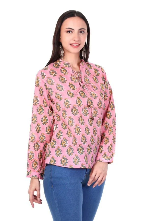 Cotton_Hand_Block_Printed_3/4_Sleeves_Tunic_With_Tie_Knot_Detailing