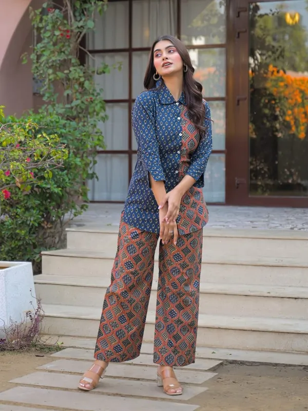 Women_Blue_Ajrakh_Print_Cotton_Co-Ord_Set_-_Shirt_And_Pants_Set