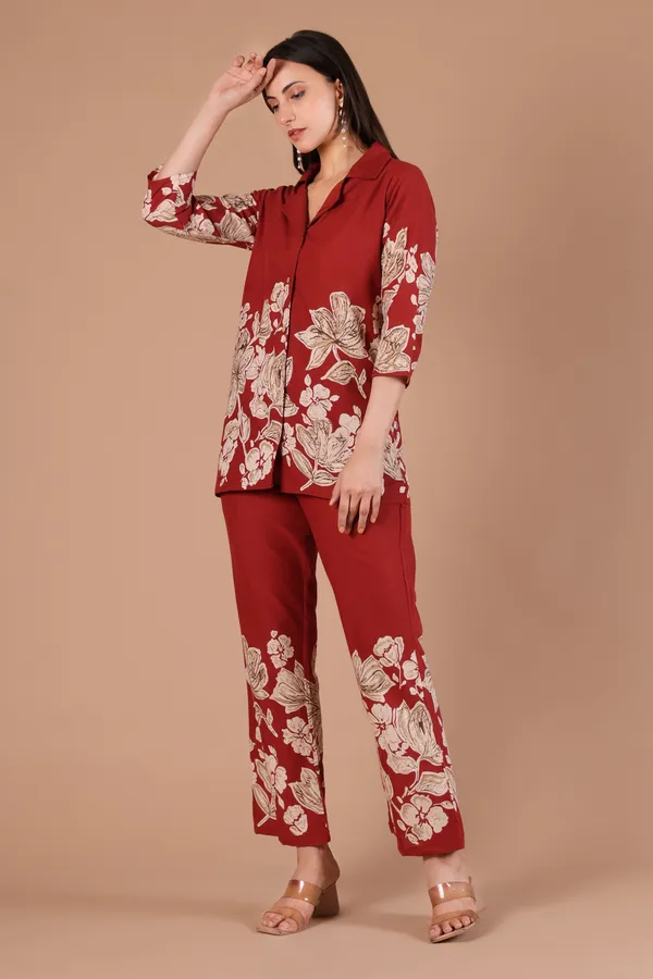 Rust_Floral_Print_Collared_Co-ord_Set_for_Women_with_Wooden_Buttons