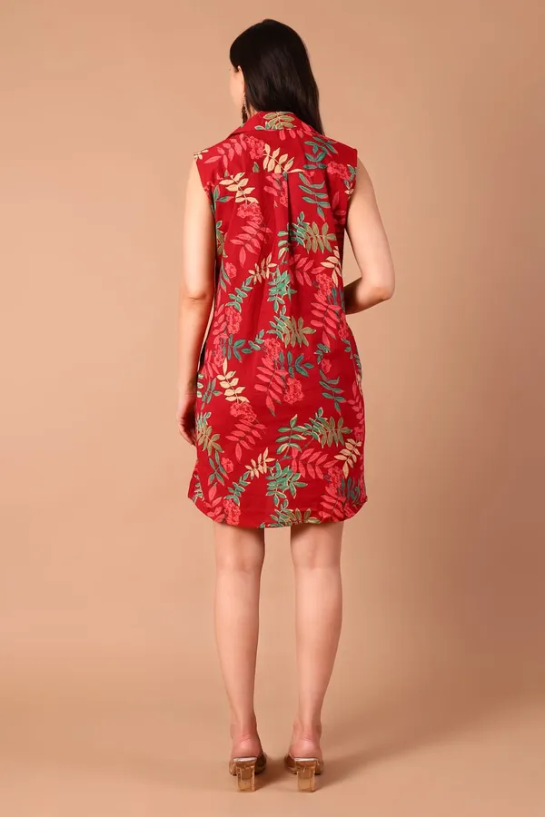 Red_Leaf_Cotton_Printed_Sleeveless_Collared_A-Line_Dress_With_Pockets